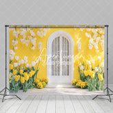Aperturee - Aperturee Yellow House White Door Floral Spring Photo Backdrop